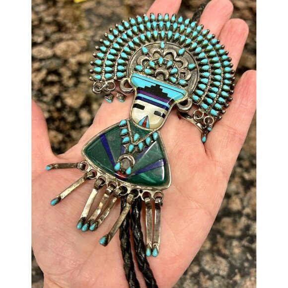 Vintage Zuni Bolo Tie Native American Turquoise Sterling Silver OLD Unsigned 76g